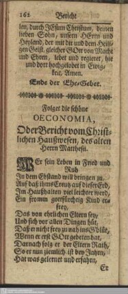 Folget die schöne Oeconomia, Oder Bericht vom Christlichen Haußwesen, des alten Herrn Matthesii