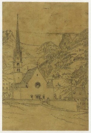 Sta. Christina im Grödener Tal?, Kirche mit hohem spitzen Turm und Seitenschiffquerdächern