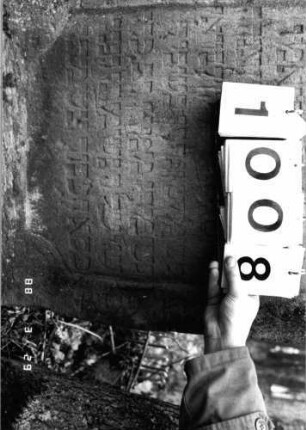 Grabstein 1008 (Index: 99902677) Material: Sandstein Maße HxBxT: 124x62x11 cm Besonderheit: kulturhistorisch wertvoll / künstl.-formale Gründe: Grabstein 1008 (Nachholaufnahme 2)