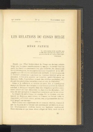 Les Relations De Congo Belge Aved Sa Mère Patrie.