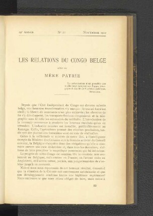 Les Relations De Congo Belge Aved Sa Mère Patrie.