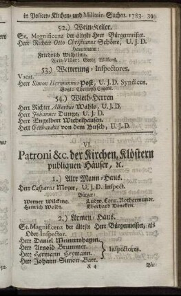 VI. Patroni &c. der Kirchen, Klöstern publiquen Häuser, [et]c.