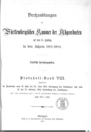 2,91: Landtag Württemberg - Kammer 2, Protokolle 1901-1904, Bd. 8