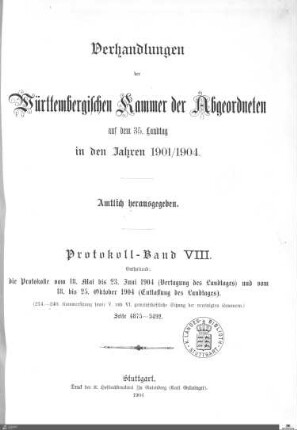 2,91: Landtag Württemberg - Kammer 2, Protokolle 1901-1904, Bd. 8