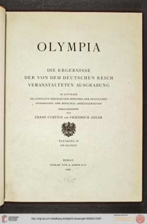 Textband 4: Olympia: die Ergebnisse der von dem Deutschen Reich veranstalteten Ausgrabung: Die Bronzen und die übrigen kleineren Funde von Olympia