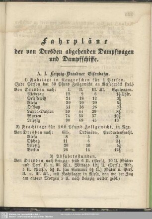 Fahrpläne der von Dresden abgehenden Dampfwagen und Dampfschiffe