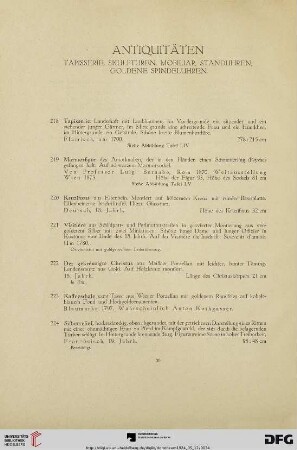 Antiquitäten: Tapisserie, Skulpturen, Mobiliar, Standuhren, Goldene Spindeluhren (Nr. 218-274)