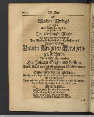 XV. Leichen-Predigt: Der allerheiligste Glaube