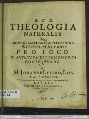 1: Theologia naturalis sive de pneumaticae consitutione dissertatio ...