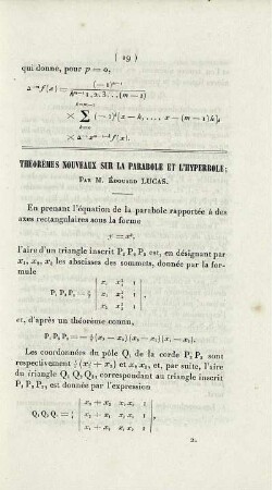 Théorèmes nouveaux sur la parabole et l'hyperbole.