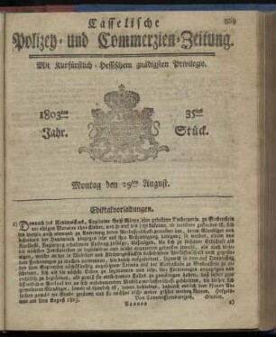 35tes Stueck, Montag den 29ten August 1803