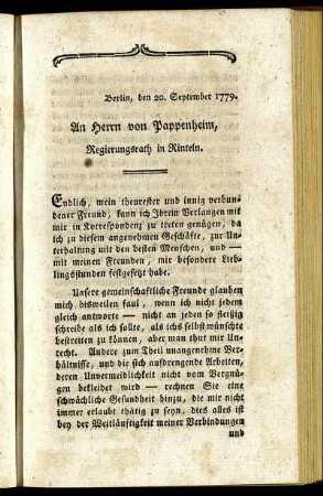 An Herrn von Pappenheim, Regierungsrath in Rinteln.