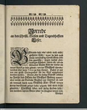 Vorrede an den Christl. Weisen und Tugendhafften Leser.