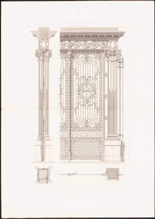 Palais de Justice, Paris: Ansichten, Schnitte Details (aus: Motifs historiques d´architecture et de sculpture d´ornement, hrsg.v. César Daly, Bd.2, 1870)