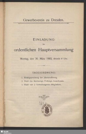Einladung zur ordentlichen Hauptversammlung Montag, den 30. März 1903, abends 8 Uhr