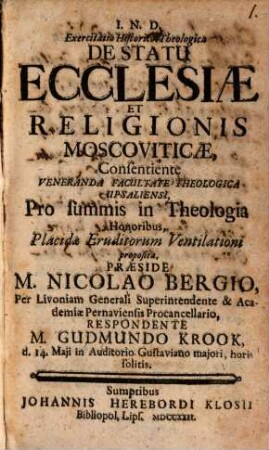 Exercitatio historico-theologica de statu ecclesiae et religionis Moscoviticae