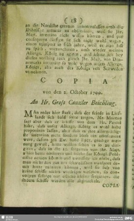 Copia von den 2. October 1700