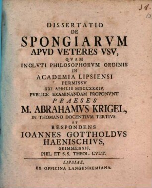 Dissertatio De Spongiarvm Apvd Veteres Vsv