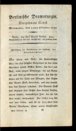 Dreizehentes Stück. Mittwochs, den 12ten Oktober 1797