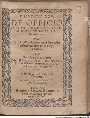 Disp. XXV. de officio iudicis, publicis iudiciis et crimine laesae maiestatis