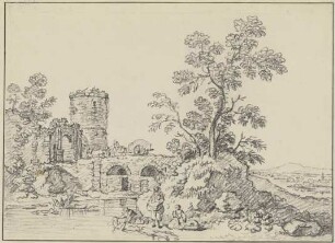 Runder Turm und Ruinen bei einer Brücke, im Vordergrund drei Wäscherinnen