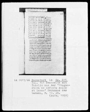 Sammelhandschrift — Hermann der Lahme, Computus Abbreviatus — ---, Folio 151 rectoSchemazeichnung Tabelle