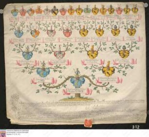 Ahnenprobe des Beatus Conrad Philipp Friedrich Reutner v. Weyl. - ausgefertigt 1777 Juni 9 (beglaubigte Kopie), Pergament