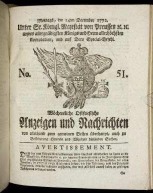 No. 51. Montags, den 14ten December 1772.