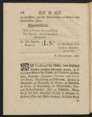 WIR Ferdinand der Ander, von GOttes Gnaden erwehlter Römischer Kayser, ...