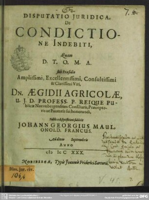 Disputatio Juridica, De Condictione Indebiti