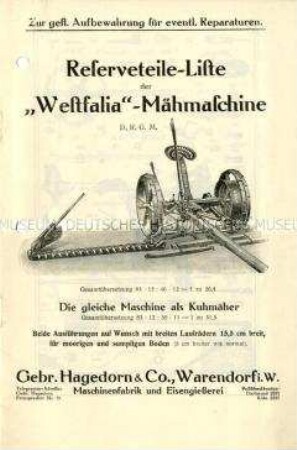 Reserveteile-Liste der "Westfalia"-Mähmaschine