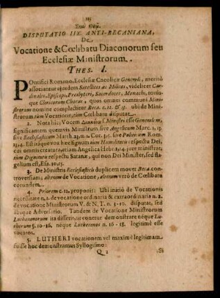 Disputatio IIX. Anti-Becaniana, De Vocatione & Coelibatu Diaconorum seu Ecclesiae Ministrorum.