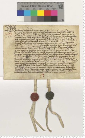 Die Ratsmannen Godeke Tzerstede und Meyne Tobingk bezeugen den Verkauf einer Hausrente "in der grapengetere straten" an die 5 Vorsteher der Montagsalmosen in der Gertrudenkapelle.