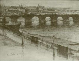 Die alte Augustusbrücke. Blick von der Brühlschen Terrasse : Die alte Augustusbrücke. Blick von der Brühlschen Terrasse. Zeichnung. um 1900