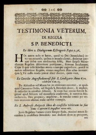 Testimonia Veterum. De Regula S. P. Benedicti.