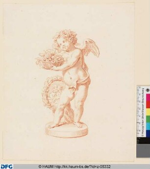 Engel mit Blumenkorb und der Figur der Zwillinge im Kranze