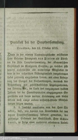 Protokoll bei der Hauptversammlung. Dresden, den 13. Oktober 1835