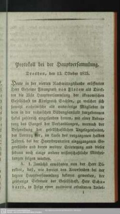 Protokoll bei der Hauptversammlung. Dresden, den 13. Oktober 1835