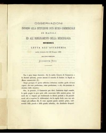 OSSERVAZIONI INTOMO ALLA ISTITUZIONE D'UN MUSEO COMMERGIALE IN NAPOLI ED ALL' INSEGNAMENTO DELLA MERCEOLOGIA