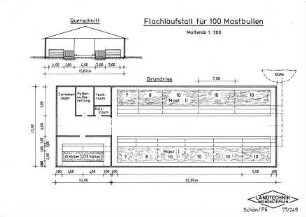 Flachlaufstall für 100 Mastbullen, Maßstab 1:200