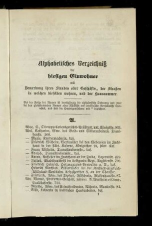 Alphabetisches Verzeichniß der hiesigen Einwohner