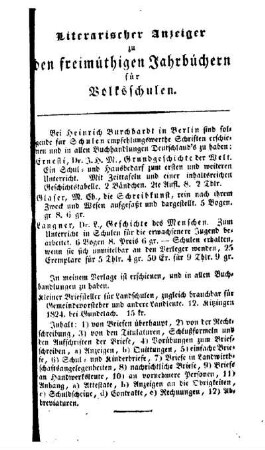 Literarischer Anzeiger zu den freimüthigen Jahrbüchern für Volksschulen