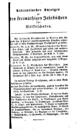 Literarischer Anzeiger zu den freimüthigen Jahrbüchern für Volksschulen