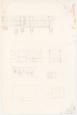 Schule Toilettengebäude und Einfriedung: Grundriss Erdgeschoss (zweimal), Aufriss Eingangsseite, Längsschnitt, Querschnitt, Detail der Einfriedung: Ansicht Mauerpfeiler und Gitter, Berechnungen und Tuscheproben