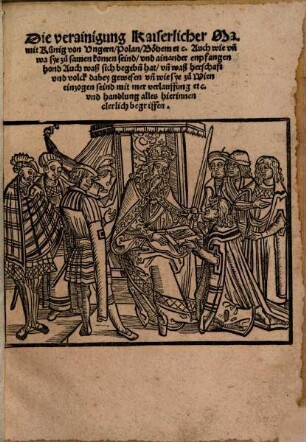 Die verainigung Kaiserlicher Ma. mit Künig von Vngern, Polan, Böhern etc. : Auch wie vn[d] wa sye zu samen komen seind, vnd ainander enpfangen hond Auch waß sich begeb[e]n hat, vn[d] waß herschaft vnd volck dabey gewesen vn[d] wie sye zu Wien einzogen seind mit mer verlauffung etc. vnd handlung alles hierinnen clerlich begriffen