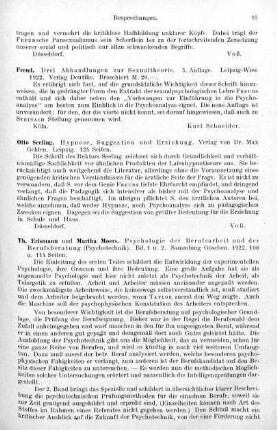 93-94, Th. Erismann und Martha Moers. Psychologie der Berufsarbeit und der Berufsberatung. 1922