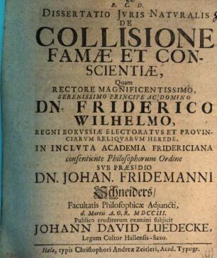 Diss. de collisione famae et conscientiae