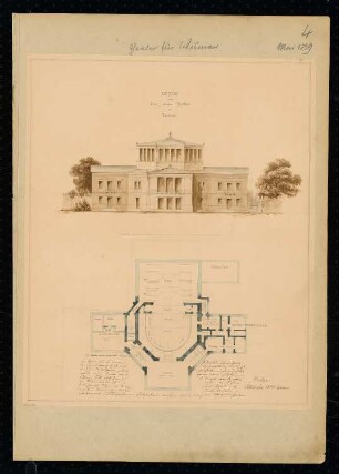 Theater für Wismar Monatskonkurrenz Mai 1839: Grundriss Erdgeschoss, Aufriss Vorderansicht; Maßstabsleiste, Raumplan