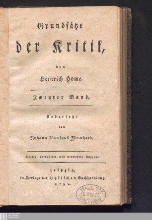 Zweyter Band: Grundsätze der Kritik Elements of criticism 