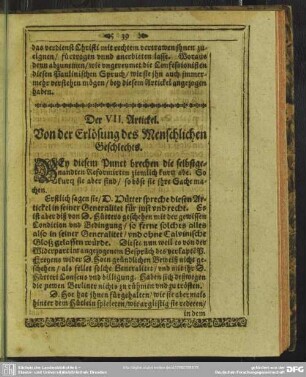 Der VII. Artickel. Von der Erlösung des Menschlichen Geschlechts